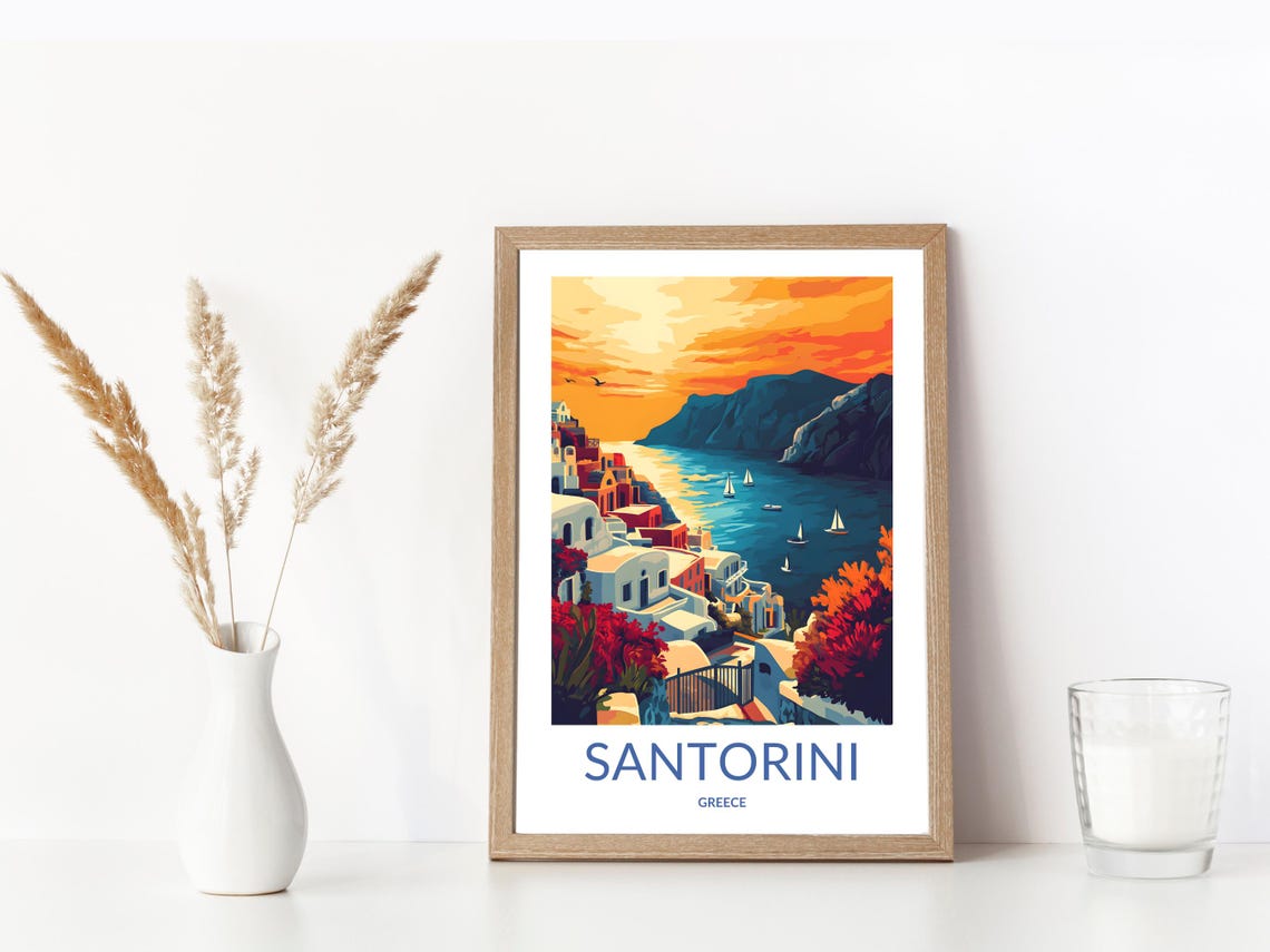 Santorini Sunset Caldera Sailboats Orange Sky Greece Travel Poster - Image 3