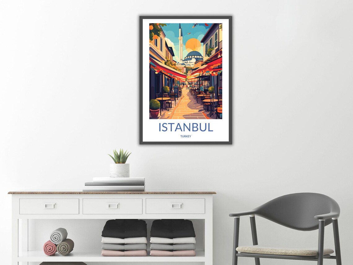 Istanbul Turkey Sunset Cafe Street Mosque Vintage Travel Poster - Image 2