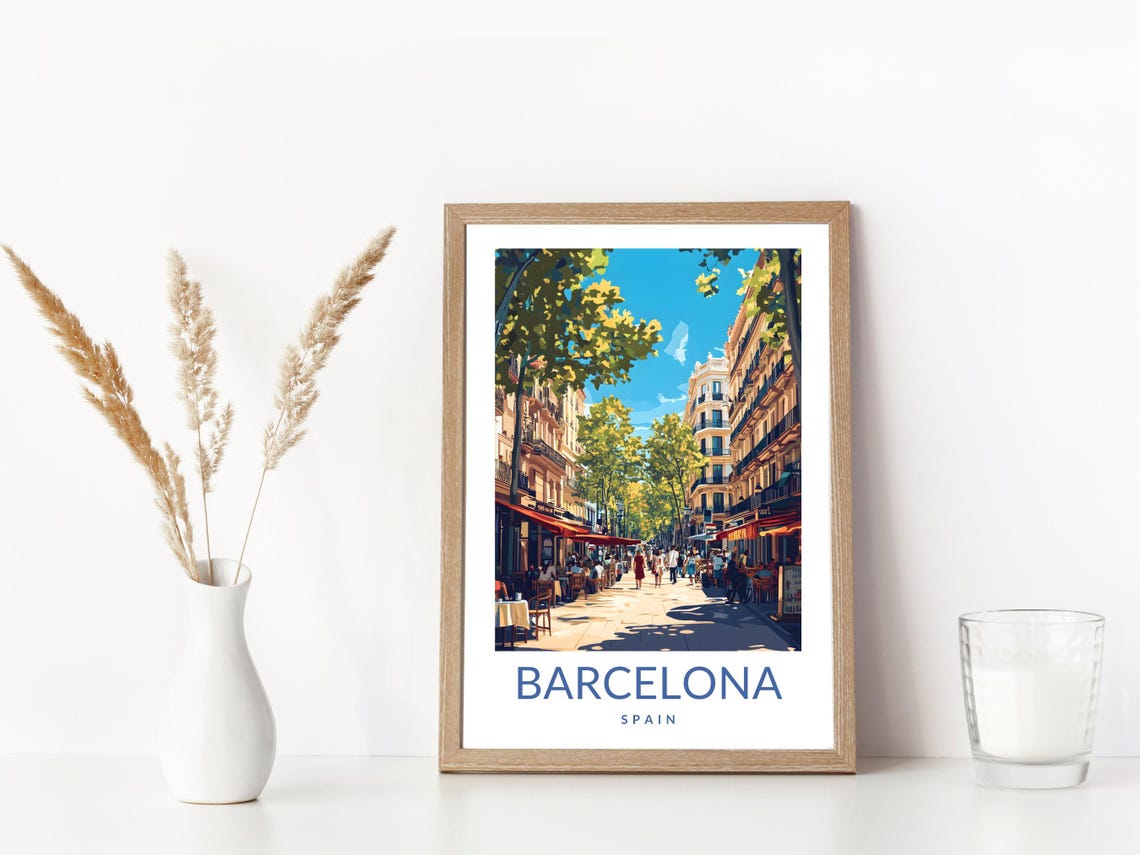 Barcelona Spain La Rambla Poster Tree Lined Cafe Street Vintage Travel - Image 3