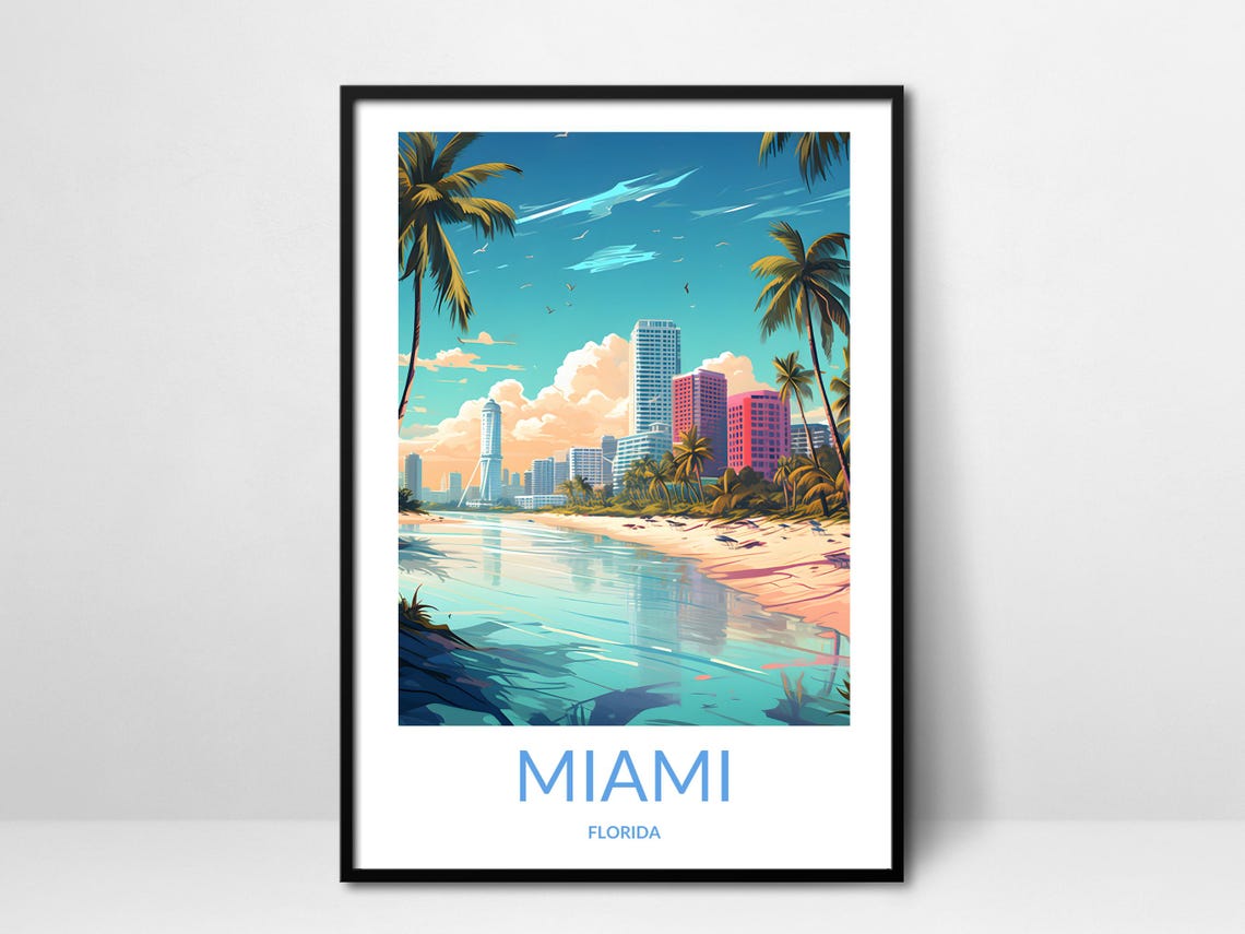 Miami Beach Skyline Palm Trees Florida Sunshine Travel Poster