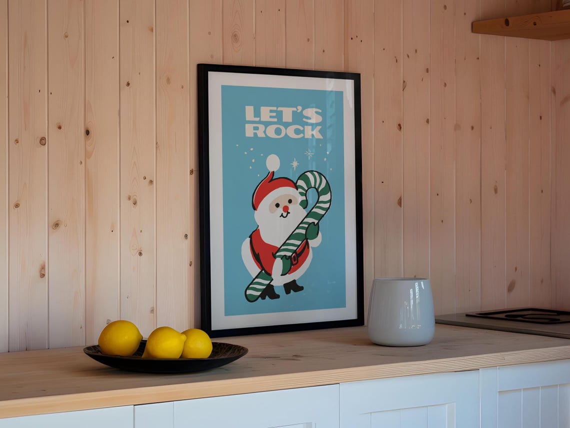 Lets Rock Retro Santa Candy Cane Christmas Illustration Poster - Image 3