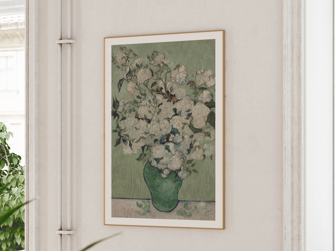 White Roses Bouquet In Green Vase Classic Floral Still Life Poster - Image 2