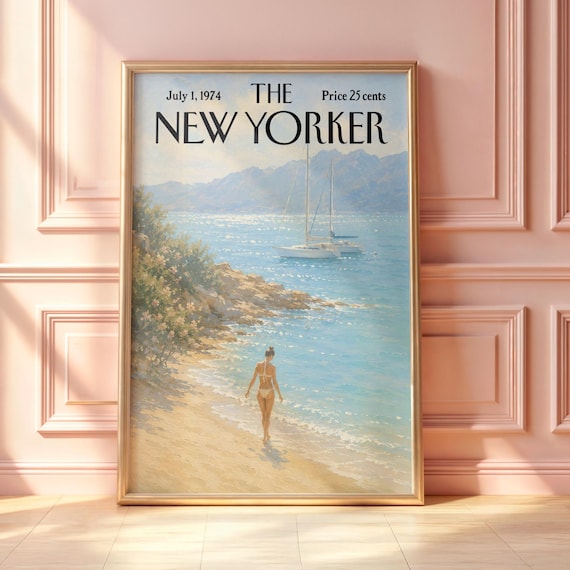 The New Yorker July 1974 Mediterranean Beach Sailboat Shore Scene Poster
