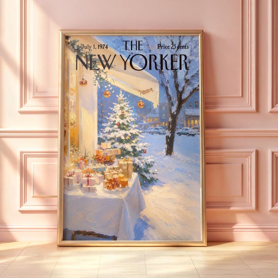 Vintage New Yorker Christmas Poster Snowy Holiday Market Wall Art Winter Gift Table Print Festive Magazine Cover Decor