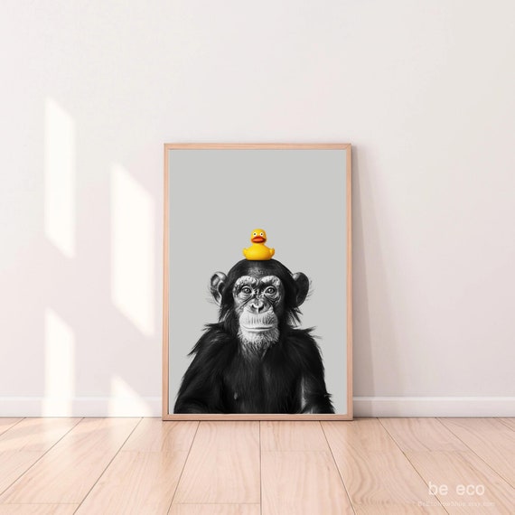 Chimp With Duck Art Funny Kids Bathroom Print