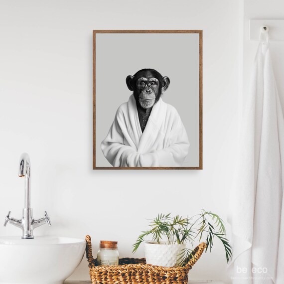 Chimpanzee In White Bathrobe Funny Bathroom Monkey Portrait Wall Print