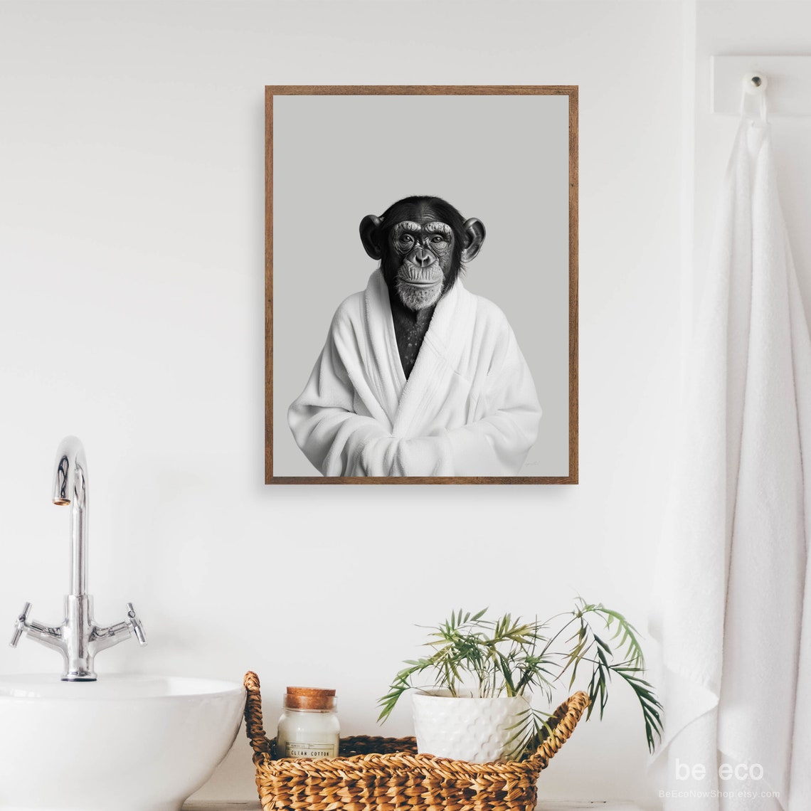 Chimpanzee In White Bathrobe Funny Bathroom Monkey Portrait Wall Print