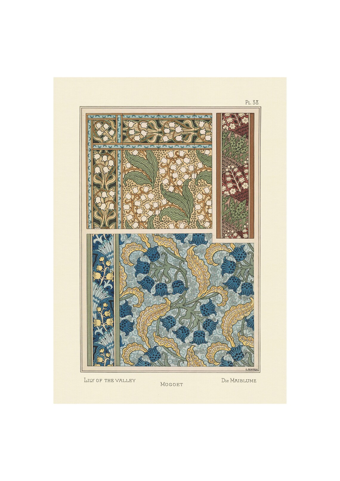 1896 Art Nouveau Lily of the Valley Blue Floral Pattern Poster