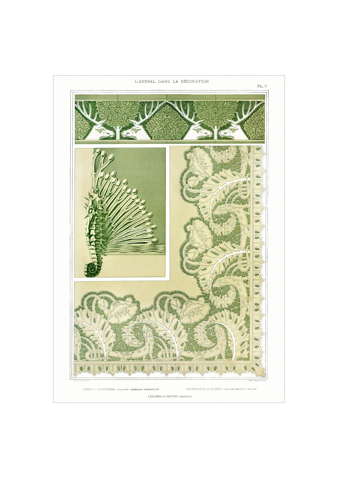 Maurice Verneuil Green Seahorse Deer Lizard Motifs Art Nouveau Poster