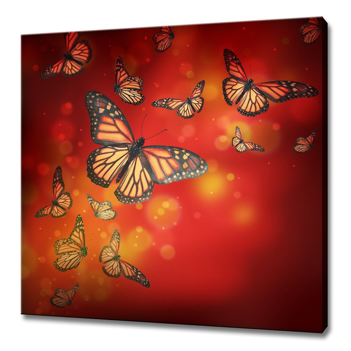 Monarch Butterflies Flying Red Glowing Bokeh Background Photo Poster