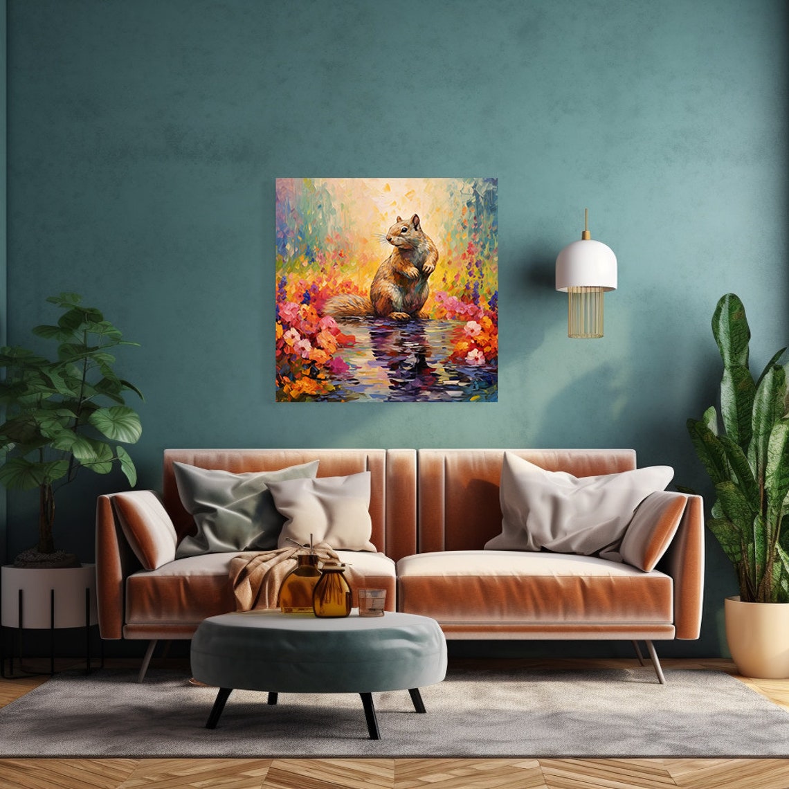 Squirrel By The Water With Colorful Flowers Wildlife Portrait Poster - Image 4
