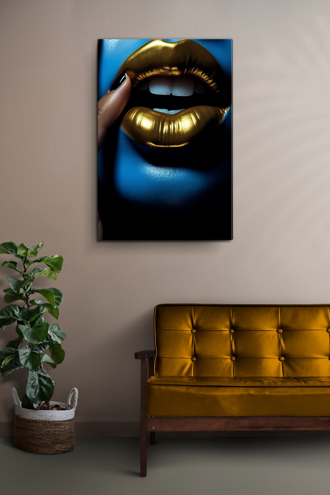 Metallic Gold Lips on Blue Skin Bold Beauty Makeup Art Wall Poster - Image 2