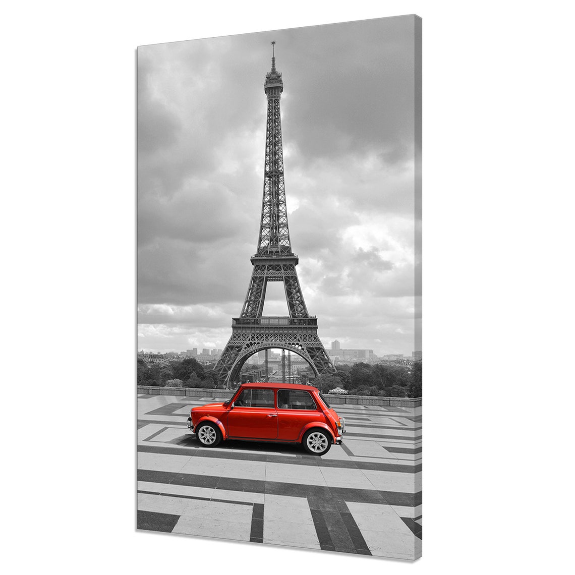 Paris Eiffel Tower Red Mini Car Black White Color Pop Travel Poster