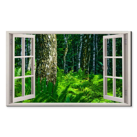 Old Birch Forest Trees Window View Window Frame Style Modern Design Home Decor Print Wall Art Picture Ready To Hang