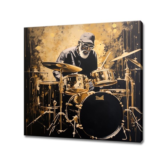 Jazz Drummer Cap Sunglasses Golden Stage Black Gold Music Poster