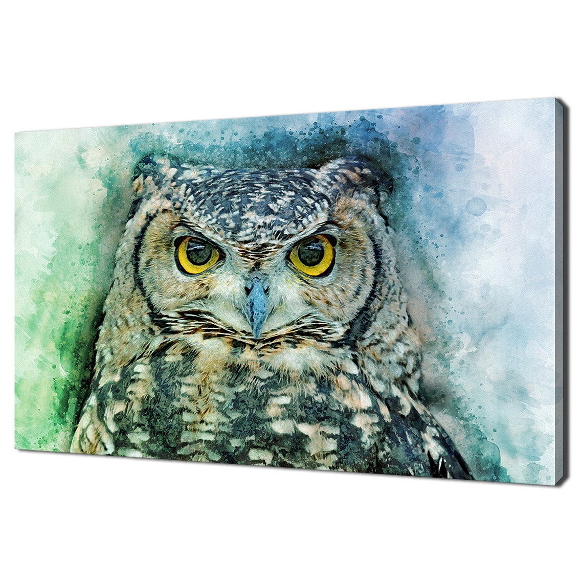 Stunning Great Horned Owl Watercolor Yellow Eyes Bird of Prey Poster