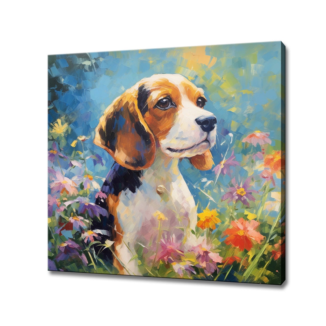 Beagle Puppy Portrait In Wildflower Field Colourful Painterly Poster