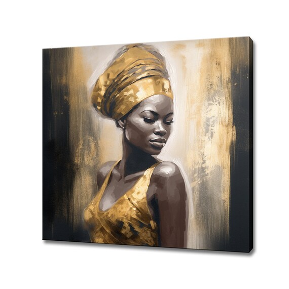 Beautiful African Woman With Traditional Gold Brown Turban Print African Wall Art Modern Wall Decor Female Portrait Print