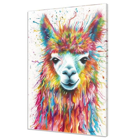Rainbow Alpaca Watercolor Portrait Colorful Llama Nursery Animal Wall Art