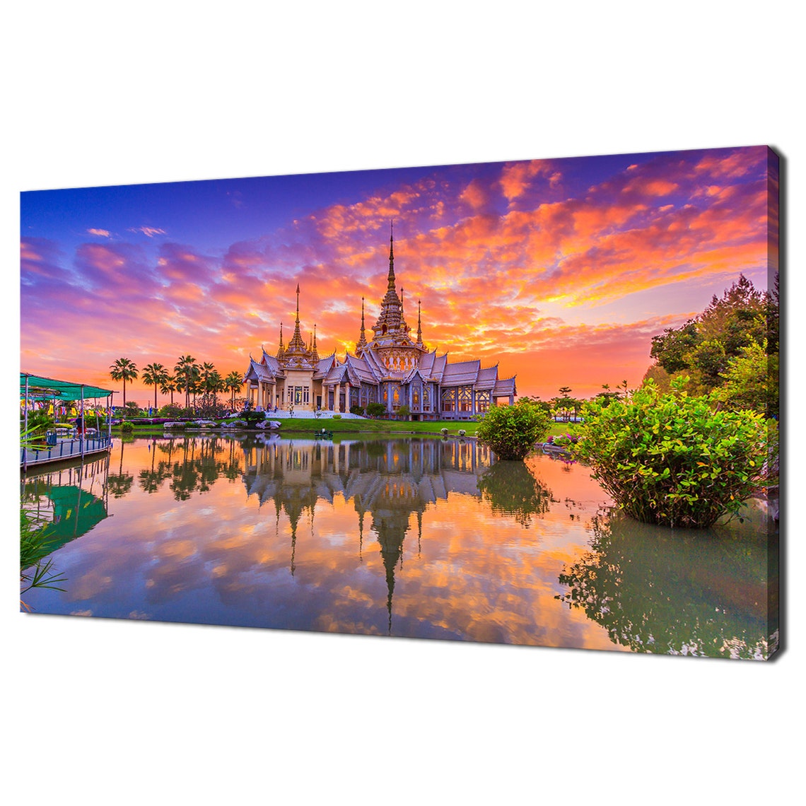 Thailand Temple At Sunset Reflected In Pond Golden Sky Travel Poster