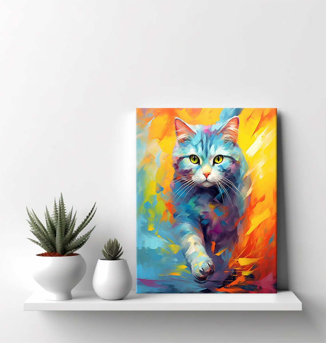 Blue Tabby Cat Striding Colorful Pop Art Pet Portrait Wall Poster