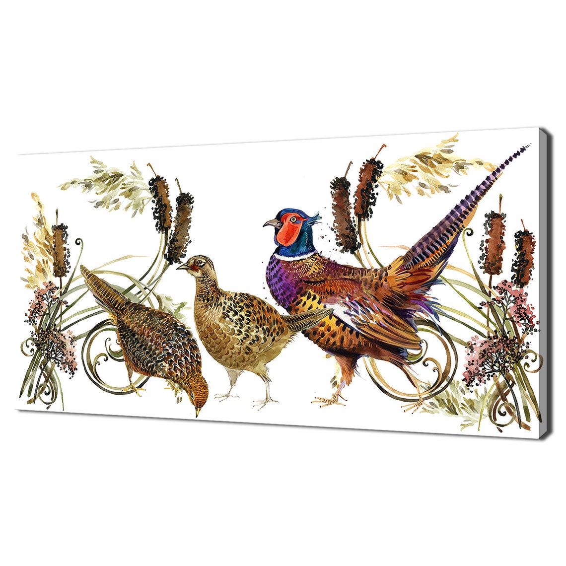 Pheasant Birds Watercolor Painting Cattails Rustic Wildlife Wall Art