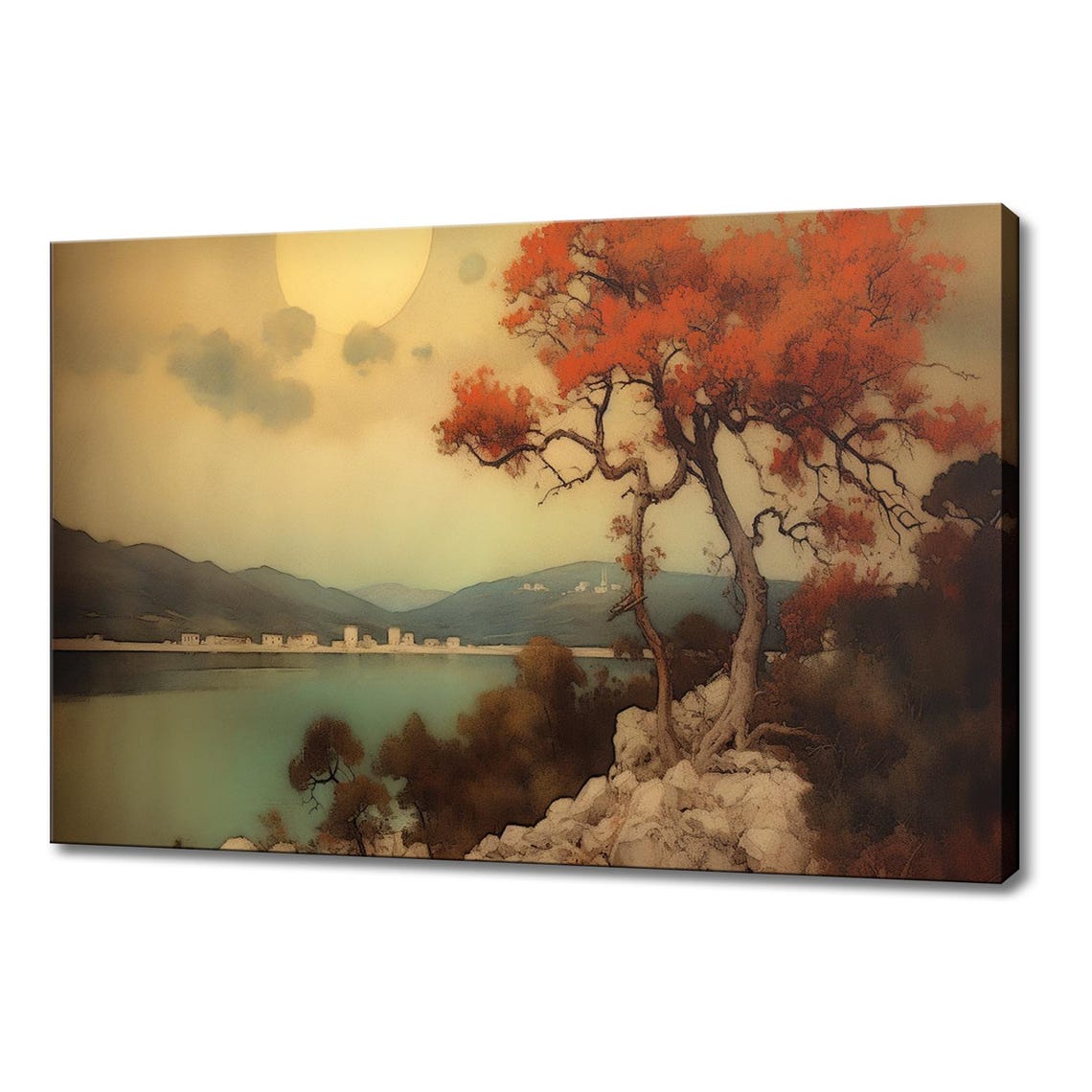 Red Autumn Tree By Lake Sunset Town Shore Vintage Landscape Poster