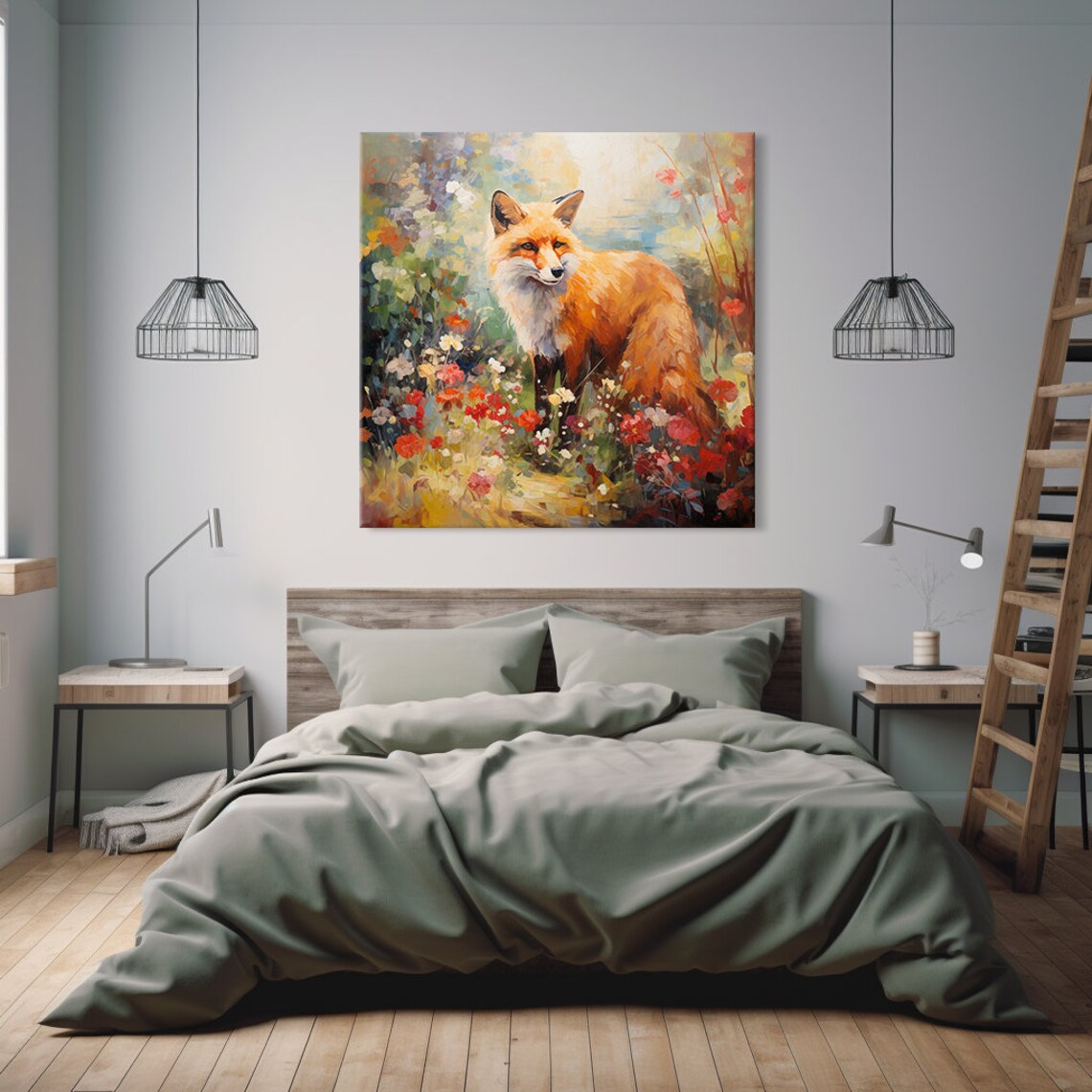 Red Fox Standing In A Colorful Flower Garden Painting Poster - Image 2