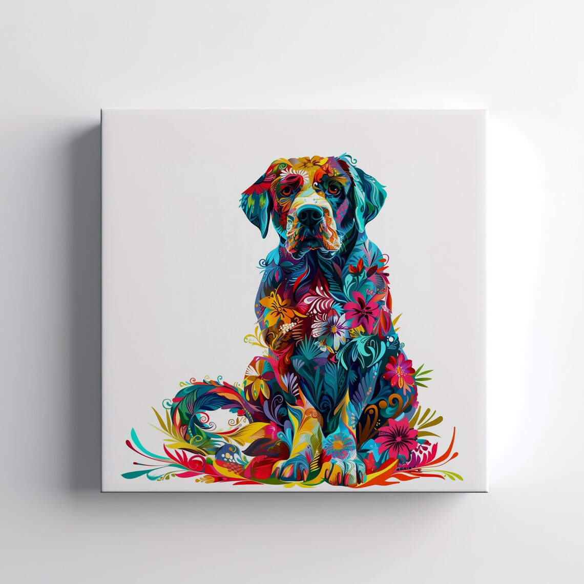 Colorful Floral Labrador Dog Portrait Rainbow Flower Art Print Poster