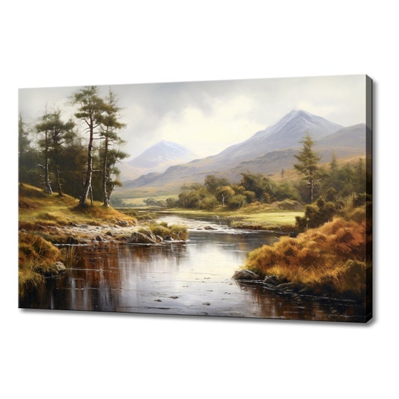 River In The Mountains Vintage Landscape Painting Style Print Farmhouse Decor Art Picture Wall Hanging Fine Art Print
