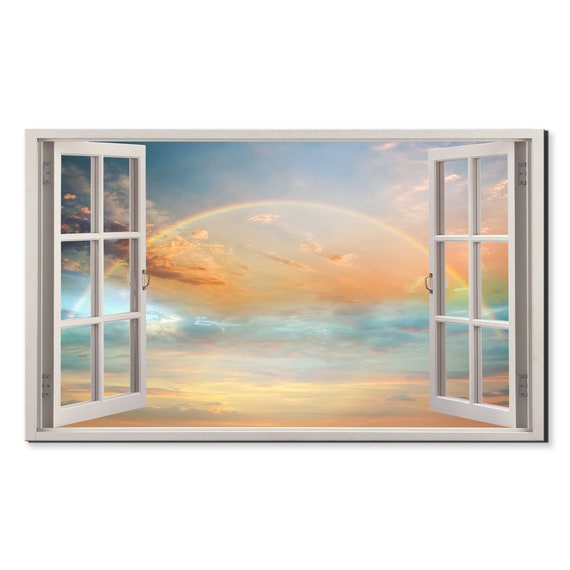 Rainbow Colorful Sunset Blue Sky Window View Window Frame Style Modern Design Home Decor Print Wall Art Picture Ready To Hang