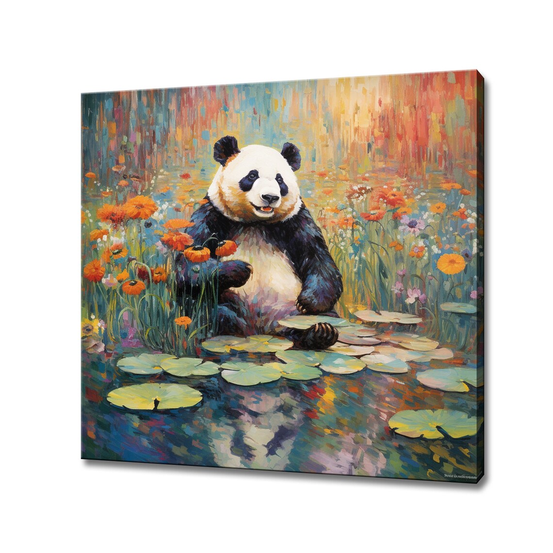 Colorful Panda Painting Lily Pond Flowers Impressionist Animal Canvas Print