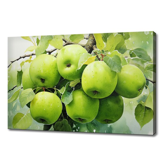 Green Apples Tree Branch Fruits Watercolour Print Colourful Kitchen Wall Art Fruit Print Kitchen Restaurant Wall Decor