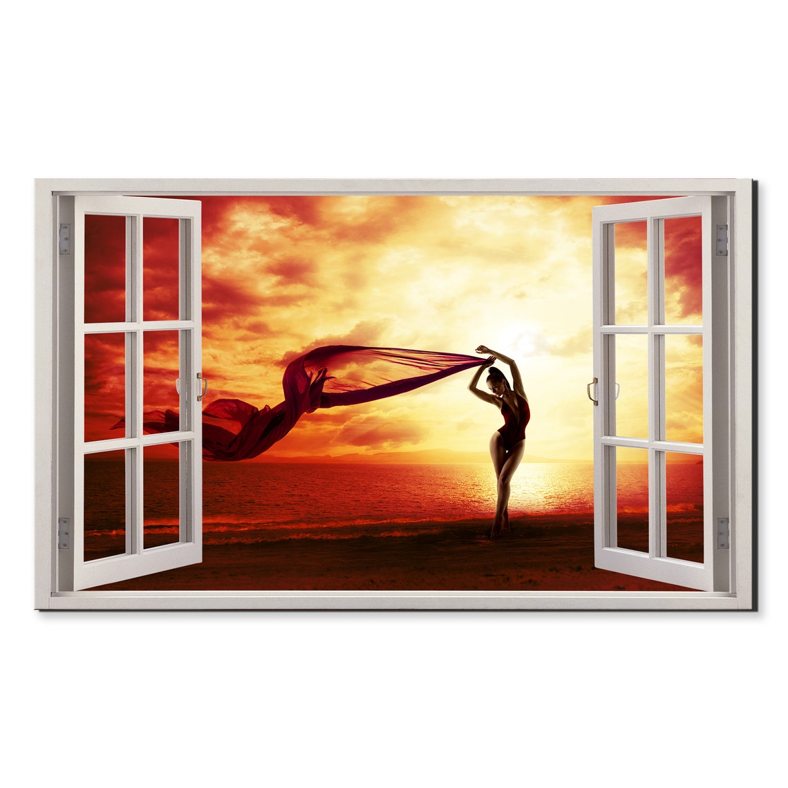 Sexy Woman Sunset Seascape Window View Window Frame Style Modern Design Home Decor Print Wall Art Picture Ready To Hang