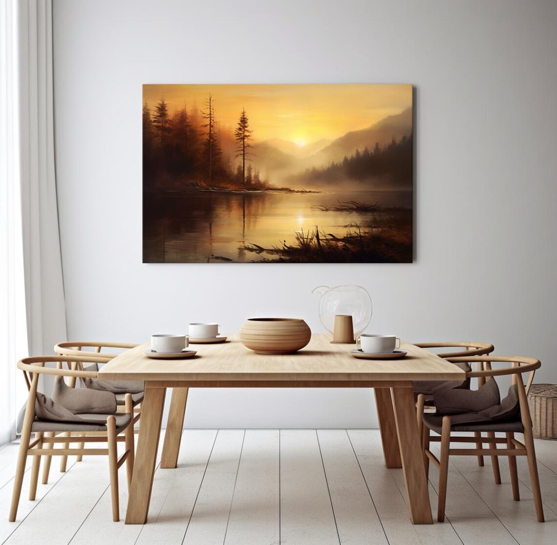 Misty Mountain Lake Golden Sunrise Fog Pine Forest Landscape Poster - Image 3