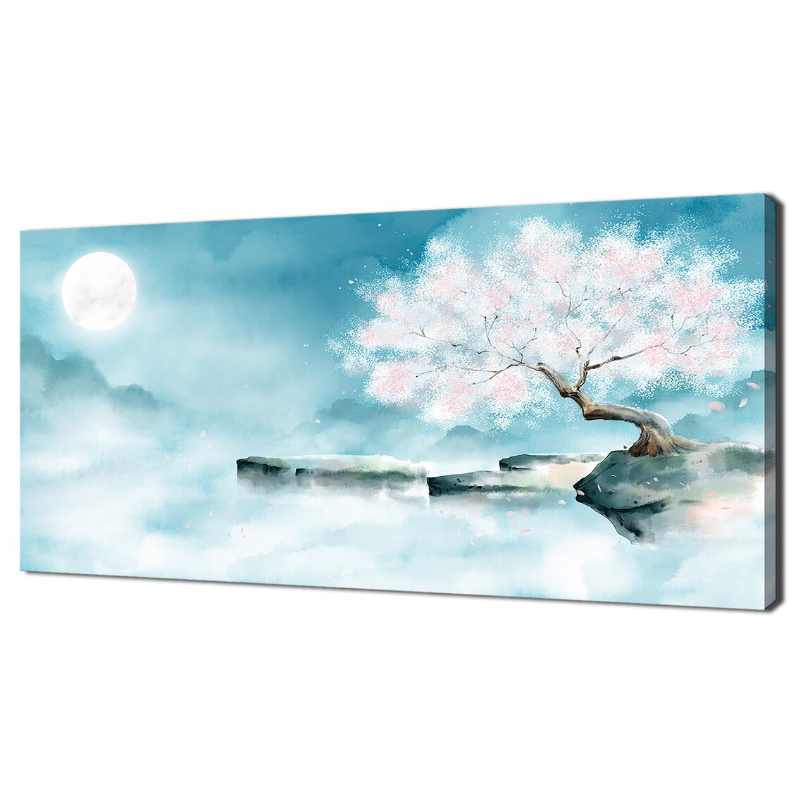 White Petals Trees At Moonlight Painting Style Modern Design Decor Print Wall Art Picture