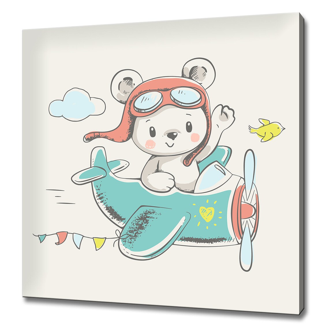 Cute Bear Pilot Flying Teal Airplane Kids Room Cartoon Wall Poster