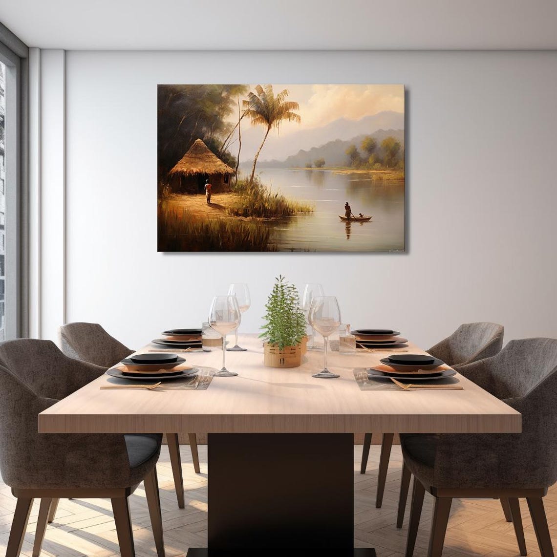Boat On The Lake In Africa Landscape Painting Vintage Style Print Farmhouse Decor Art Nature Picture Wall Hanging Fine Art Print - Image 2