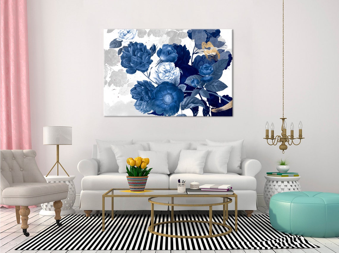 Beautiful Vintage Blue Flowers Golden Butterfly Modern Floral Design Home Decor Print Wall Art Ready To Hang - Image 2