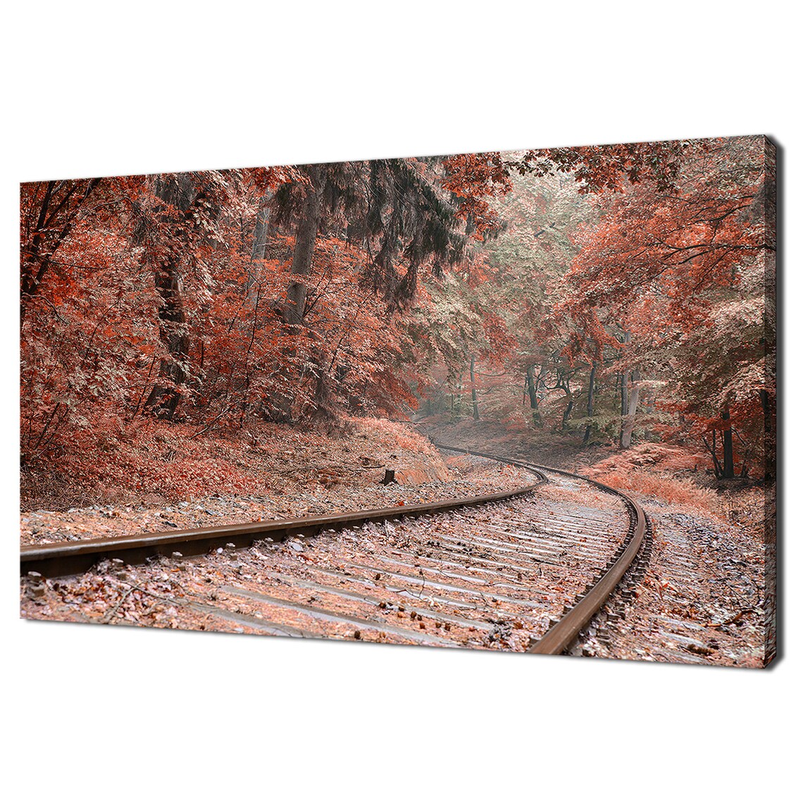Red Autumn Trees Railway Tracks, Modern Forest Art Print