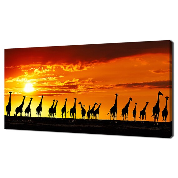 Giraffe Herd Silhouette African Sunset Savanna Wildlife Nature Art Poster