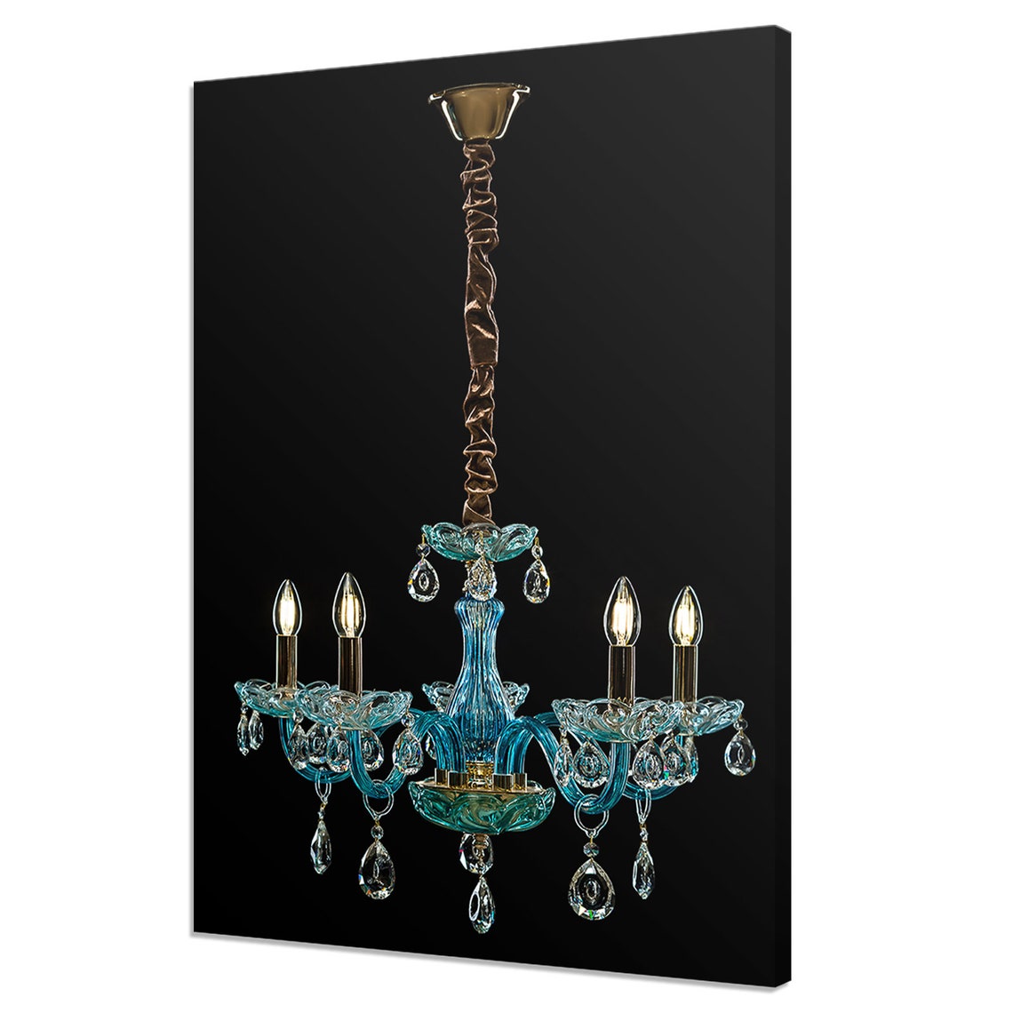 Elegant Blue Glass Crystal Chandelier On Black Background Poster