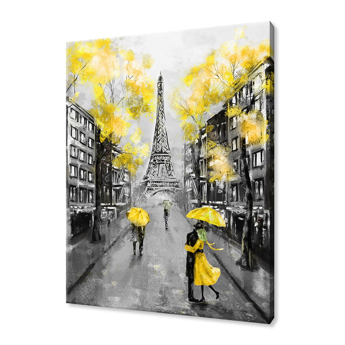 Paris Eiffel Tower Yellow Umbrellas Rainy Street Painting Art Poster