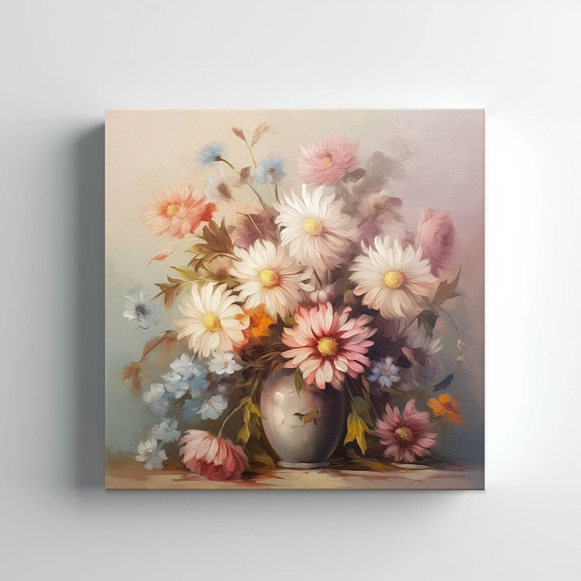 Vintage Pastel Bouquet Of Daisies In Vase Soft Floral Art Print - Image 3