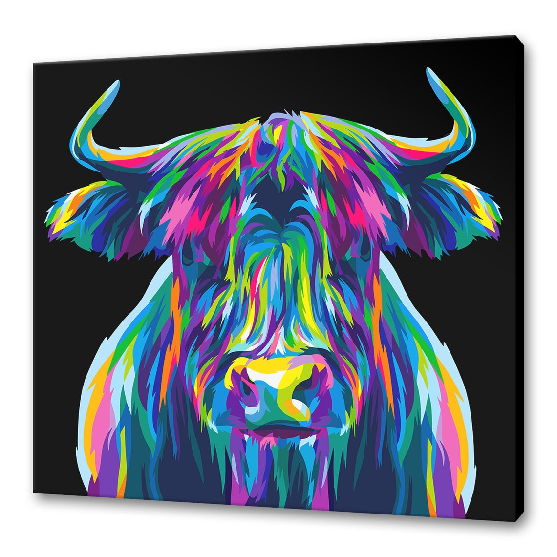 Colorful Highland Cow Neon Portrait Black Background Animal Poster