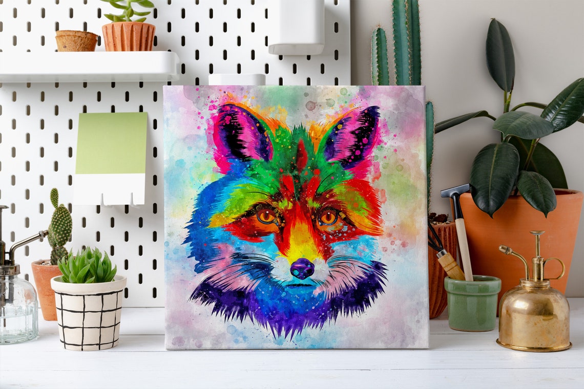 Beautiful Red Fox Face Rainbow Watercolour Abstract Wildlife Poster - Image 2