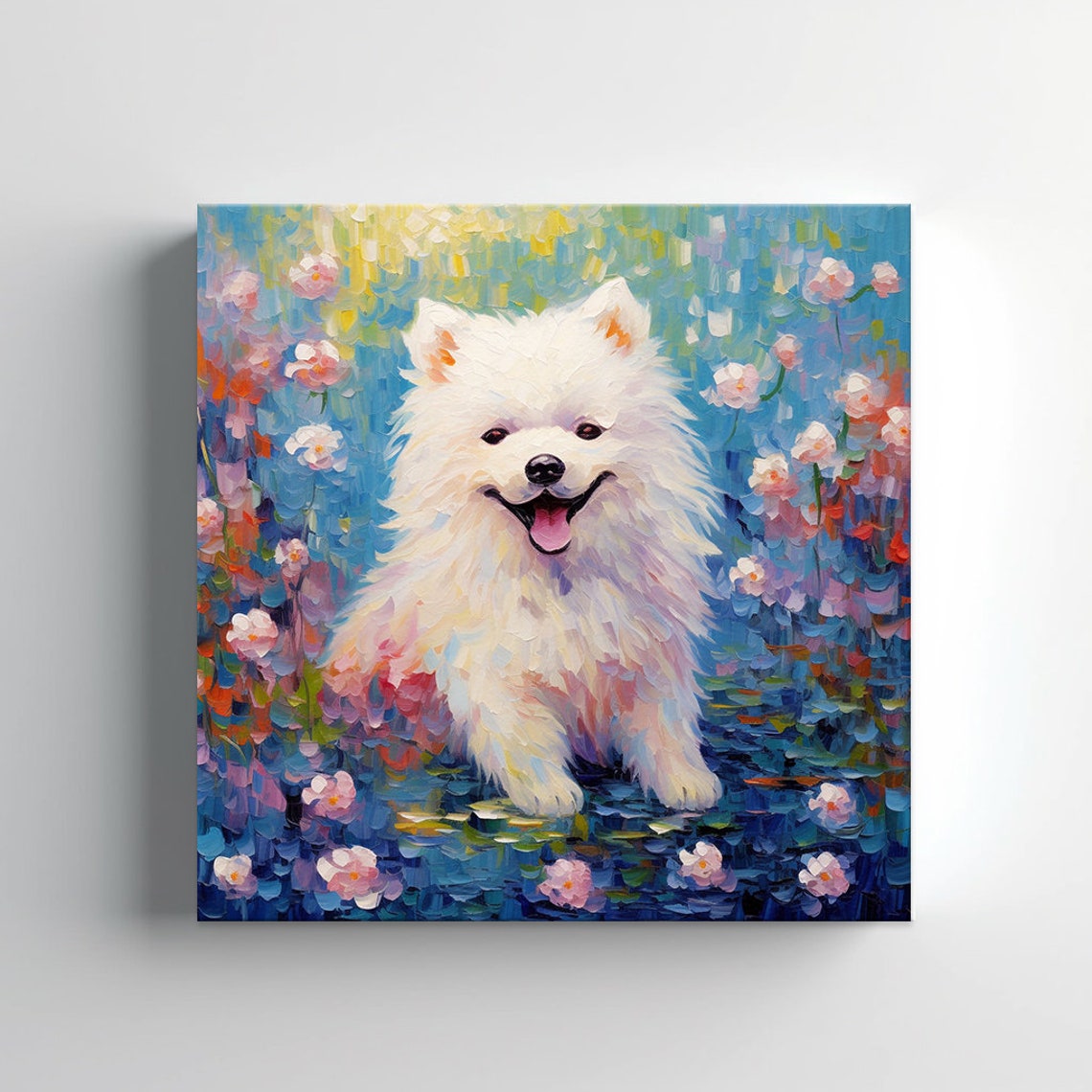 White Samoyed Puppy Among Blossoms By Water Colorful Painting Poster - Image 3