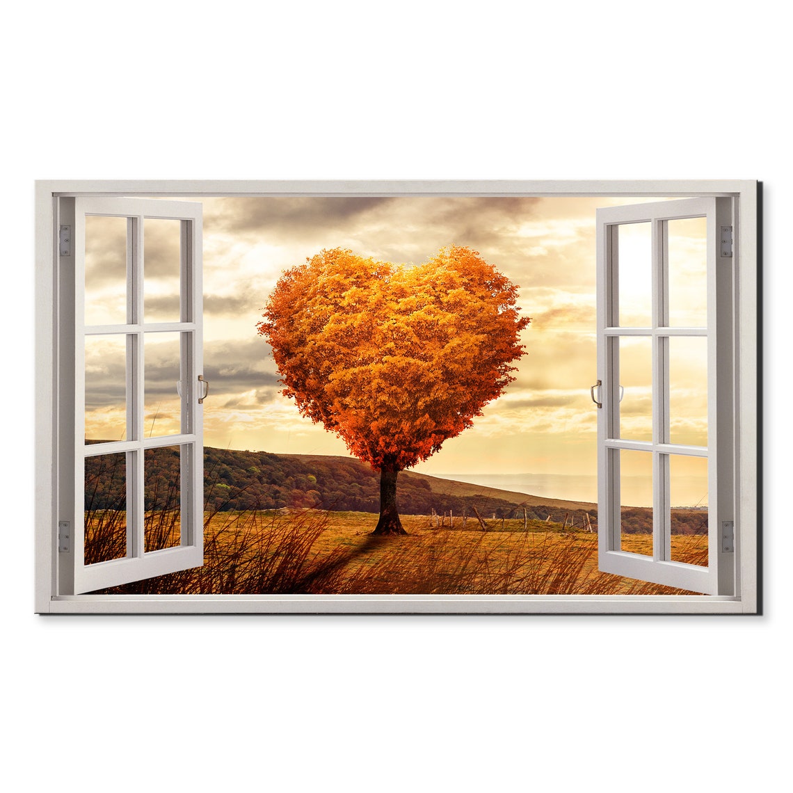 Heart Shaped Autumn Tree Golden Field Window View Wall Art Poster