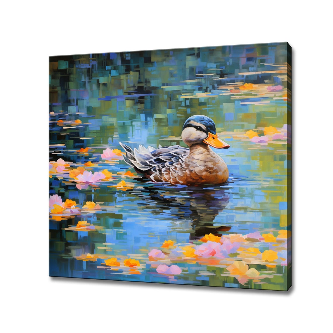 Duck Swimming Among Flower Petals Impressionist Water Bird Art Poster