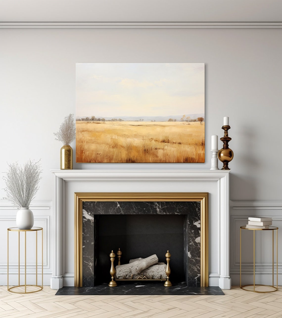 Golden Autumn Prairie Field Pale Sky Minimalist Landscape Poster - Image 3